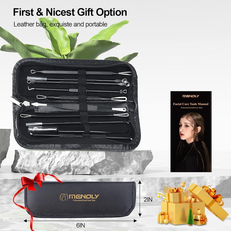MENOLY Pimple Popper Tool Kit 10 Pcs Blackhead Remover Tool Zit Popper for Blemish, Pimple Comedone Extractor Acne Tool for Blackheads, Acnes, Whiteheads Nose Face Tools with Leather Bag - Image 5